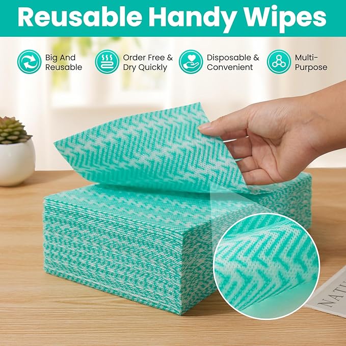 Reusable Cleaning Towels Reusable Cloths Dish Cloths, 100 Count Multi-Purpose Dry Handy Wipes Disposabel Kitchen Towels, Durable, Absoebent, Dry Quickly, Green, Handi Wipe