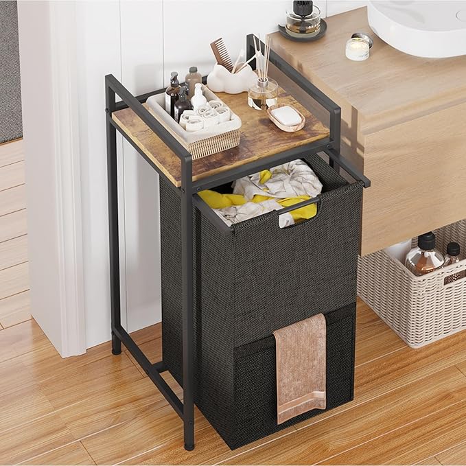 Laundry Hampers,Laundry Basket， Laundry Sorter with Top Shelf & Removable Washable Bags & Side Pockets for Laundry Room organization, Bathroom and Dorm, Rustic Brown and Black
