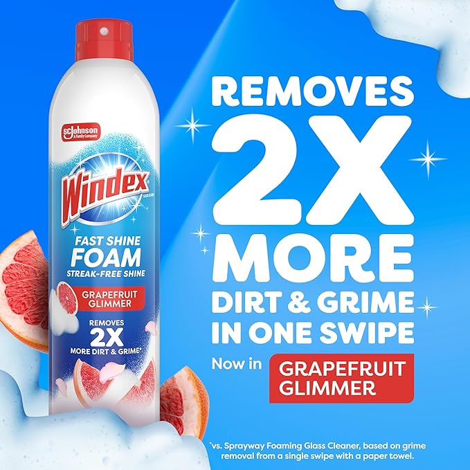 Windex Fast Shine Foam Glass Cleaner Supplies, No-Drip Window & Mirror Aerosol Spray, Streak-Free, Removes Fingerprints, Dust, Dirt & Smoke Film, Grapefruit Scent, 19 oz