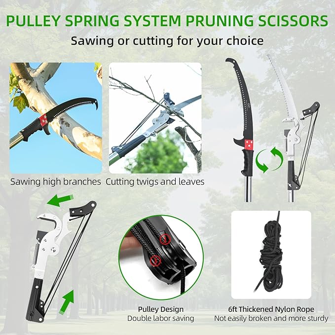 Manual Pole Saw for Tree Trimming, 27 FT Manual tree purner with 8 Fiberglass Handles, Sharp steel Blade and Heavy-Duty Giant Scissors, Extendable Design for Tree Maintenance, Green