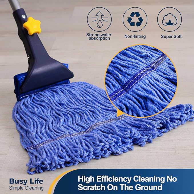 Yocada Looped-End String Wet Mop Heavy Duty Cotton Mop Commercial Industrial Grade Telescopic Iron Pole Jaw Clamp Floor Cleaning 55.1 inch