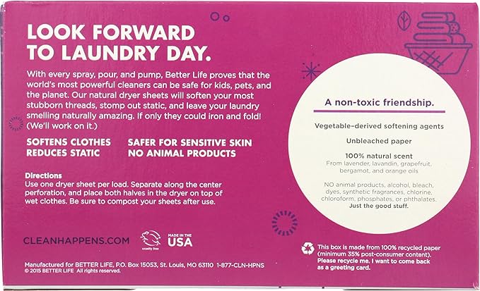 Better Life Dryer Sheets, Fabric Softener Sheets for Fresh Laundry, Lavender Grapefruit, 80 Count