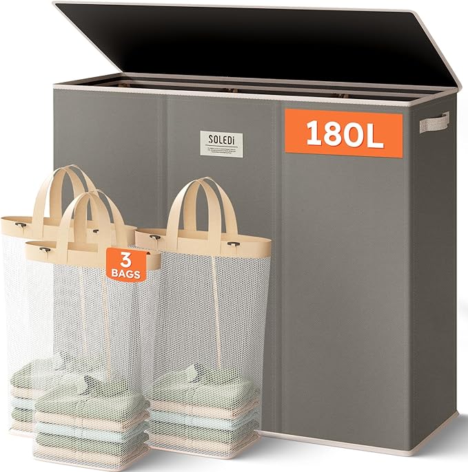 SOLEDI 180L 3-Section Laundry Hamper with Lid, Extra Large Dirty Clothes Basket with Sturdy Handles for Laundry Room & Bedroom - Durable Organizer for Sorting Laundry