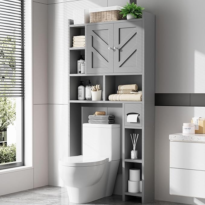 Meilocar Over the Toilet Storage Cabinet, Freestanding Farmhouse Storage Cabinet Over Toilet, Bathroom Organizer with Paper Holder Stand and Adjustable Shelf, Grey