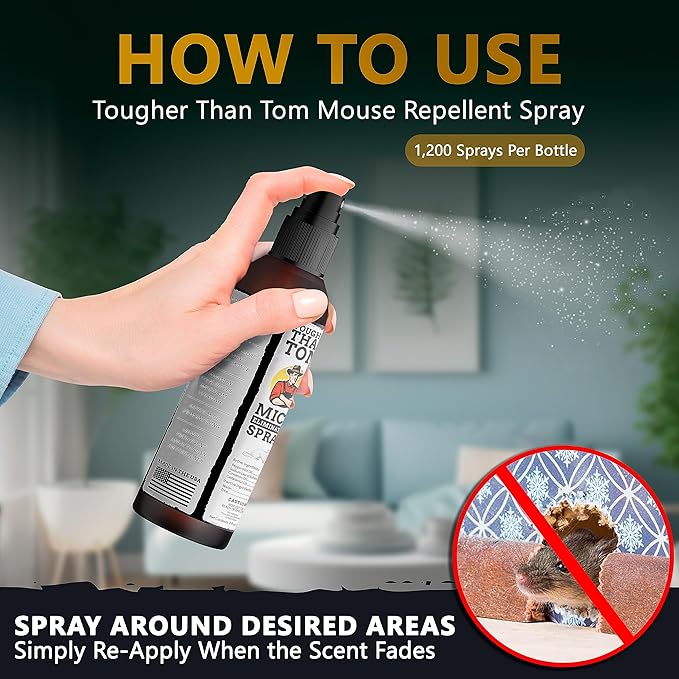 Tougher Than Tom Mouse Repellent Spray – 3 Pack - 8 fl oz Premium Cinnamon and Peppermint Oil Spray for Rodents – Effective Mouse Repellent Indoor Spray – Mice Deterrent Spray – All-Natural Formula
