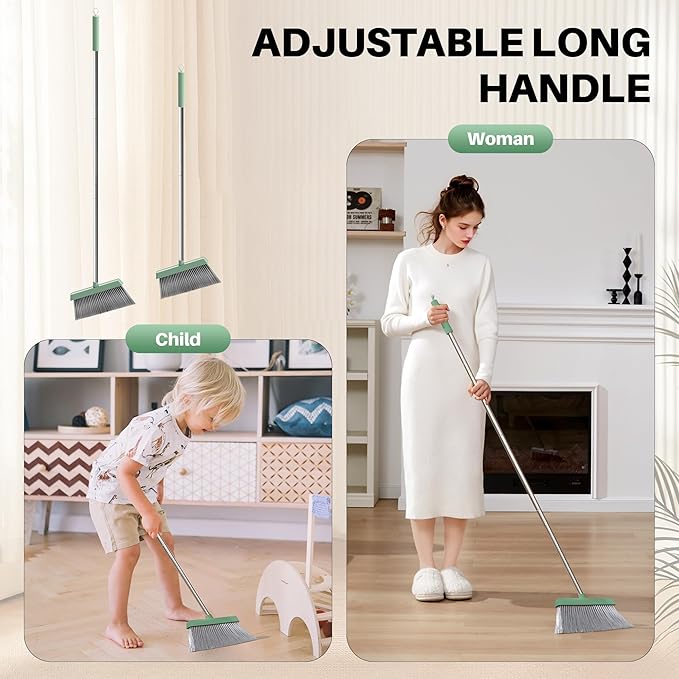 JOYMOOP Dark Teal Green Broom and Dustpan Set, Upright Angle with Built-in Comb Teeth, Ideal for Home, Office, Hardwood, Pet Hair