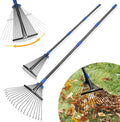 Adjustable Leaf Rake, Heavy Duty Metal Rake for Leaves, Long Handle 30"-60" with Expandable Head 8"-17", Collapsible Small Rakes for Lawns, Gardening, Yard, Camping, Shrub, Grass, Bush, Weed, Debris