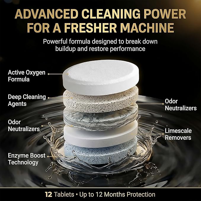 Washing Machine Cleaner Tablets XL – Heavy Duty Descaler and Deodorizer Tablets for HE Front Load and Top Load Washers – Powerful Washing Machine Cleaning Tablet – 12 XL Tablets, 1 Year Supply