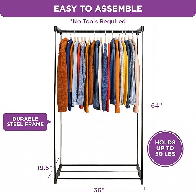 HOLDN’ STORAGE Portable Wardrobe Closet - 50 lb Capacity, Internal Heavy Duty Metal Rod, Zipper & Clear Window, Durable Clothes Organizer, Tool-Free Easy Assembly, Black Canvas Cover