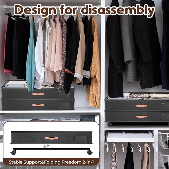 Under Bed Storage with Wheels 2-Pack, Under Bed Storage Containers 66L Clear Lids, Rolling Storage Drawers for Clothes Shoes Blankets, Underbed Organizer Bins(30" L x 16.2" W x 7.5" H)