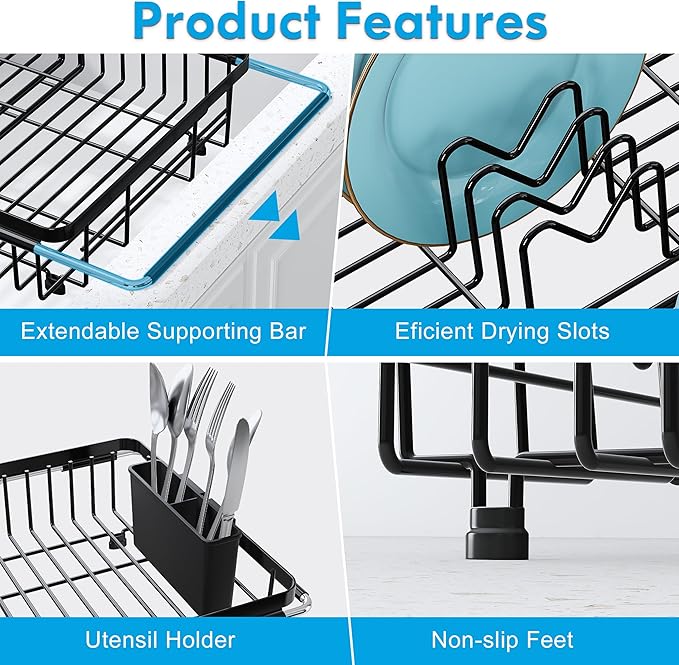 Expandable Stainless Steel Dish Drying Rack Over The Sink For Small Kitchen, Counter Space Saving Compact Black Metal Plate Drain Strainer, Adjustable Hanging In Sink Rust Proof Wire Dryer Holder