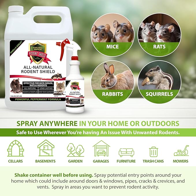 Natural Armor Peppermint Repellent for Mice/Mouse, Rats & Rodents. Natural Spray for Indoor & Outdoor Use Rodent Shield - 128 Fl Oz Gallon Refill