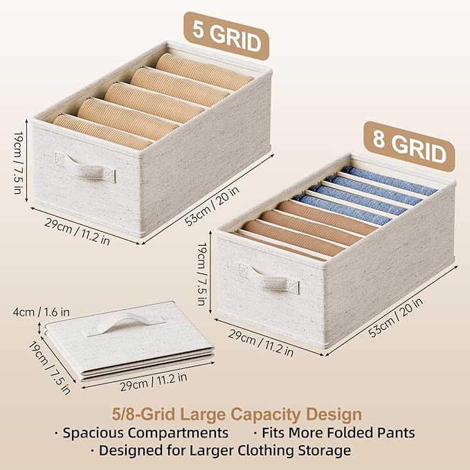 3 Pack Large Wardrobe Clothes Organizer and Storage, Fabric Sweater Organizer for Closet with Handles 5 Grids Foldable Drawer Dividers for Pants, Jeans, T-shirts, 20.8"×11.2"×7.5"