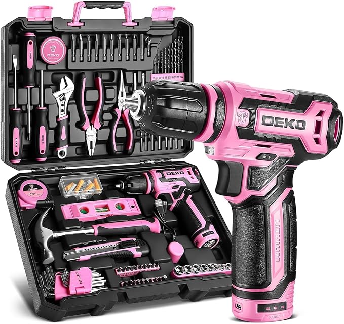 Pink Drill Tool Set Kit DEKOPRO Power Cordless Drill Tool Box with 12V Electric Pink Drill Driver Set for Women Home Hand Repair Tools Sets Drills Case