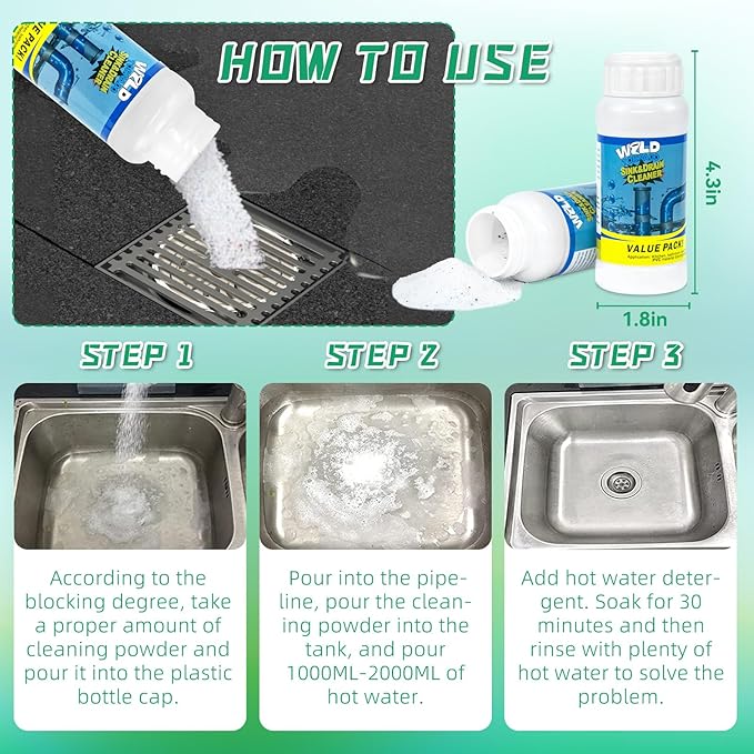 Drain Cleaner Powder, Wild Tornado Sink and Drain Cleaner Powerful Pipeline Dredging Agent, Kitchen Unblocker, Powder for Kitchen Toilet（3Pcs）