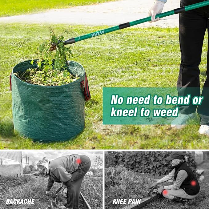 Weed Puller Tool Gardening Hand Weeding Tool with Long Handle 4 Steel Claws and Collapsible Trash Can for Lawn and Garden,Easily Remove Weeds Without Bending, Pulling,or Kneeling