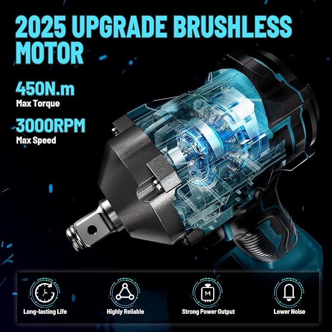 GEVEELIFE 450N.m/332Ft-lbs Brushless Impact Wrench,1/2" Cordless Impact Gun with 4.0Ah Battery & 4 Sockets, Electric Impact Driver for Car/DIY Furniture/Lawn Mower/blue (450N)