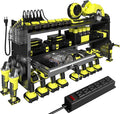 KSVO Power Tool Organizer Wall Mount with Drill Holder, Grinder Bracket, Hammer and Pliers, Locking Drawer, 6-Outlet Charging Rack - Heavy Duty Metal Tool Storage Garage, Workshop (Yellow)