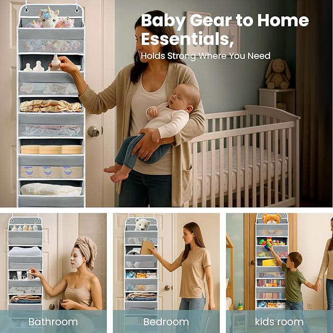 Sturdiness Over The Door Organizer, 5 Shelves & 8 Side Pockets,Anti Tilt Hanging Behind Door Storage, Heavy-Duty Reinforced Mesh Rack Holds 44lb for Bathroom,Pantry, Nursery,Closet, Shoes, Towels