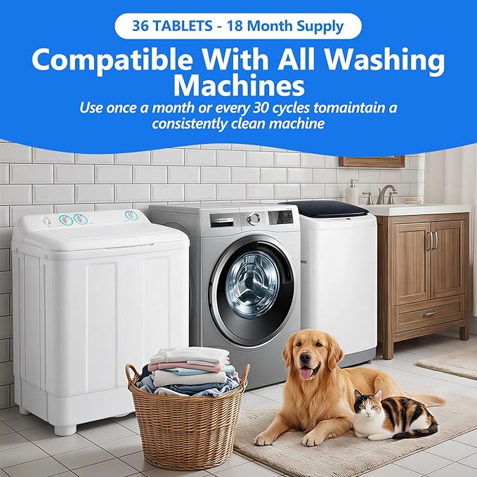 USKICH 36 Pack Washing Machine Cleaner Tablets For Pet Owners,Washer Machine Cleaner Remove Stubborn Pet Hair, Eliminates Smells,Compatible with HE, Top & Front Load Washer