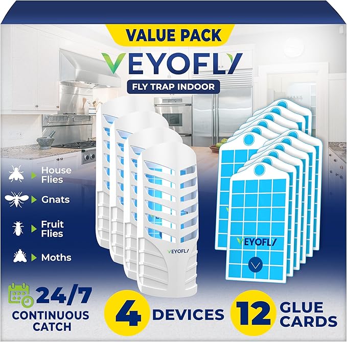 VEYOFLY Fruit Fly Traps for Indoors, Fly Trap Indoor, (4 Device + 12 Refills) Fly Catcher Indoor, Gnat Traps for House Indoor, Fly Trap, Plug in Light Flying Insect Trap, Bug Killer