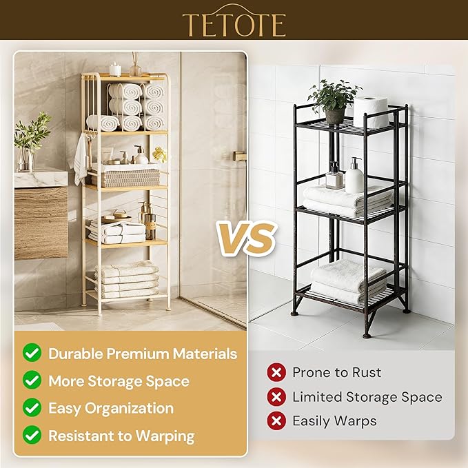 TETOTE 5-Tier Bathroom Towel Rack Metal Towel Storage Organizer M-Shaped Detachable Dividers Towel Holder for Pool, Laundry, White