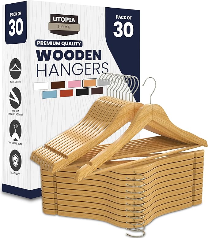 Utopia Home Premium Wooden Hangers 30 Pack - Heavy Duty & Durable Coat Hanger - Wood Hanger with 360-Degree Rotatable Hook - Clothes Hangers with Non-Slip Shoulder Notches For Shirts & Coats (Natural)