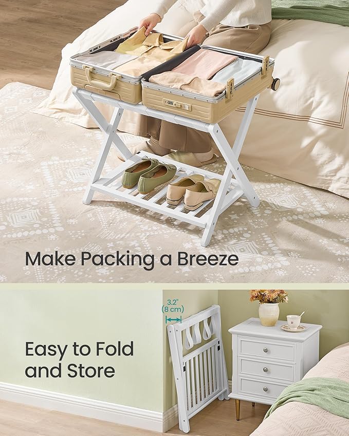 SONGMICS Solid Wood Luggage Rack, No Assembly Required, Foldable Suitcase Stand, Luggage Holder, with Storage Shelf, for Guest Room, Hotel, Bedroom, Cloud White URLR020W02