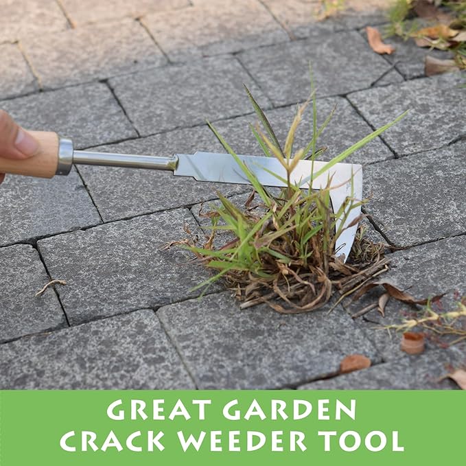 Crack Weeder, 12" Stainless Steel Crevice Weeding Tool with Wood Handle, L-Shaped Side-Walk Weed Puller Spatula, for Garden Lawn Yard Patio Terrace Paving Moss, Small Gardening Tool