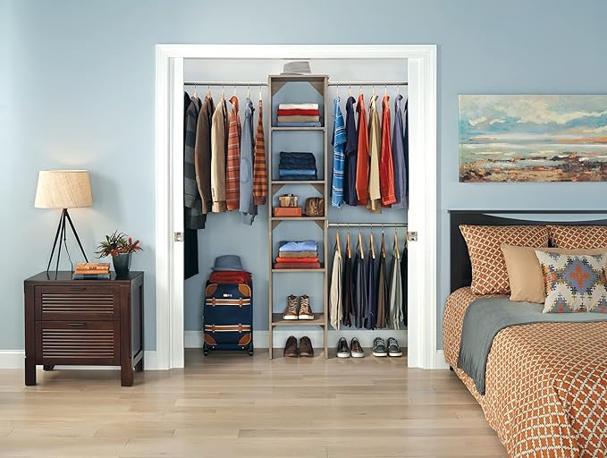 ClosetMaid SuiteSymphony Wood Closet Organizer Starter Kit with Tower and 3 Hang Rods, Shelves, Adjustable, Fits Spaces 4 – 9 ft. Wide, Natural Gray
