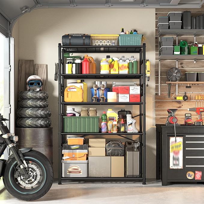 Storage Shelves 5-Tier Large Capacity Wire Shelving with Hooks, Heavy Duty Garage Shelving Unit with Leveling Feet, Stable Metal Shelf for Pantry, Kitchen and Closet, 72" H x 36" W x 12" D, Black