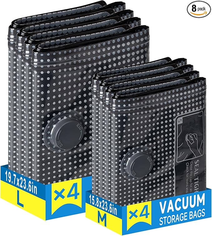 Travel Vacuum Storage Bags 8 Pack, Vacuum Seal Bags for Clothing Travel, Space Saver Bags for Luggage, Suitcase & Home Organization Black