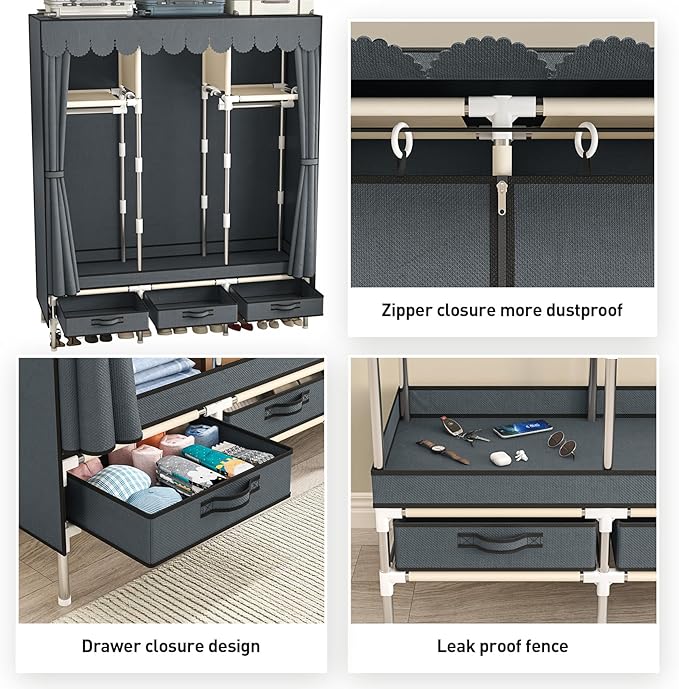 Portable Armoire Wardrobe Closet with 3 Drawers and 3 Hanging Rods,Cloth Closet Wardrobe Cabinet for Hanging Clothes,Grey Cover,for Clothing,Bedding,51 in Width