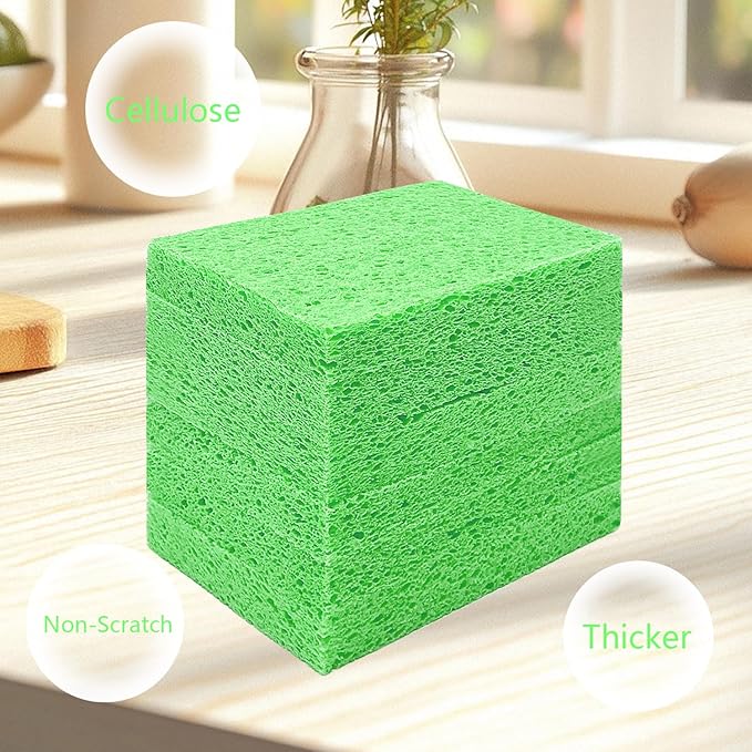 Cellulose Sponges, Large Size 4" x 6" x 1" - Heavy Duty Scrub Kitchen Sponge, Clean Tough Messes Without Scratching Kitchen Cleaning Pads, Pop Up Eco DIY (6 Pack), Green