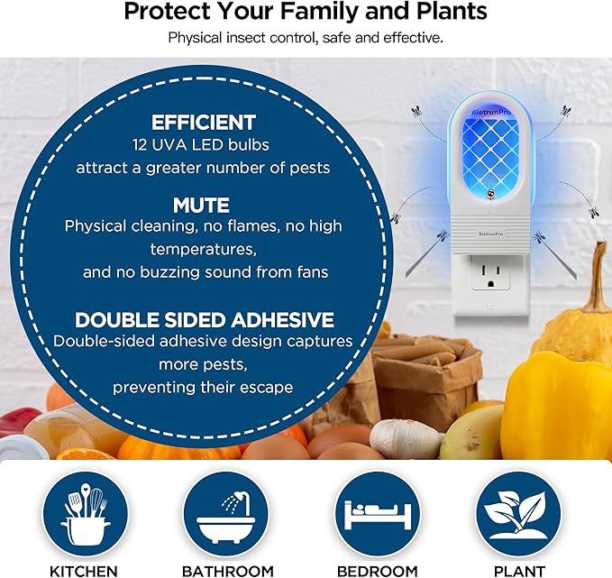 Indoor Fruit Fly & Gnat Traps Plug-in - UV/Blue Light Insect Trap with 2 Devices+6 Refills, Safe & Odorless Flying Insect Catcher for House/Kitchen/Office - Get Rid of Mosquitoes, Moths, Gnats