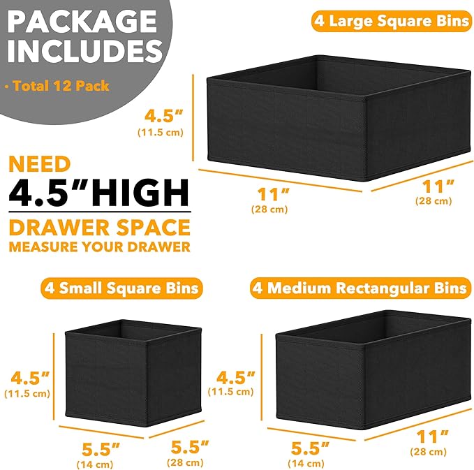 SpaceAid Drawer Organizer Clothes, 12 Pack Dresser Organizer Bins for Nursery, Closet Organization and Storage Dividers for Clothing, Baby Clothes, Underwears, Socks (Black)