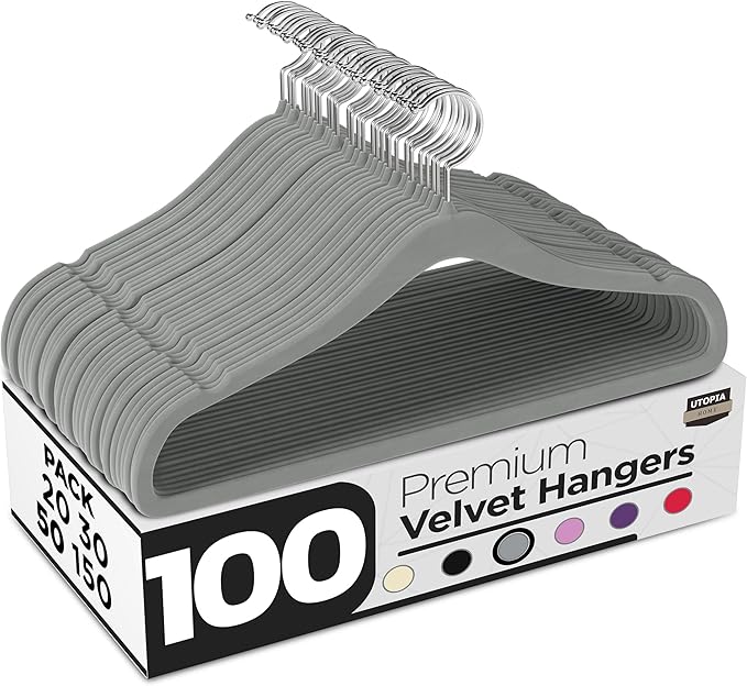 Utopia Home Velvet Hangers 100 Pack – Luxury Non-Slip Slim Pant & Coat Hangers, Strong Space-Saving Clothes Hangers with Pants Bar and 360° Swivel Hook – Grey