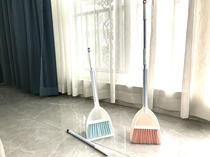 Mini Broom with Dustpan for Kids,Little Housekeeping Helper Set (White+Blue)