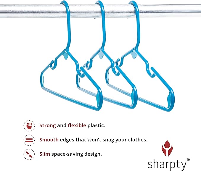 Sharpty Kids Plastic Hangers, Children's Hangers for Baby, Toddler, and Child Clothes - Everyday Standard Use - Ideal for Boys and Girls Closet, Clothing, Pants, Coats, and More - Blue, 40 Pack