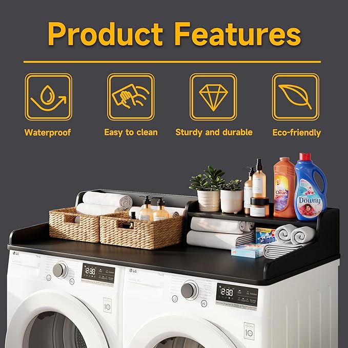Washer Dryer Countertop, Laundry Wood 2 Tier Shelves Topper with Edge, 54" W x 26.7" D Cover Guard Organizer for Washer and Dryer Laundry Hamper Counter Storage Organization Black