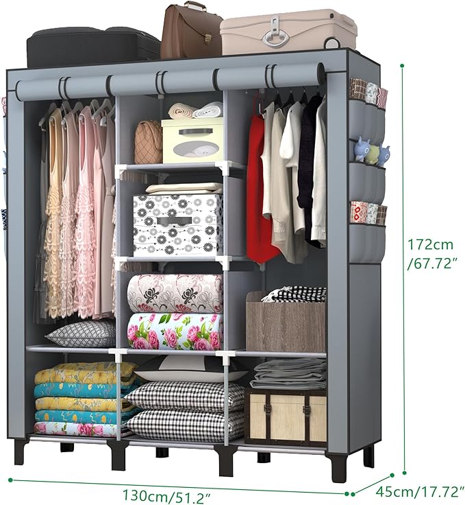 Portable Wardrobe with 10 Storage Racks and 2 Hanging Poles, 6 Side Pockets Non-Woven Cover, Size 130 x 45 x 172 cm, Bedroom Closet Organizer (Gray)