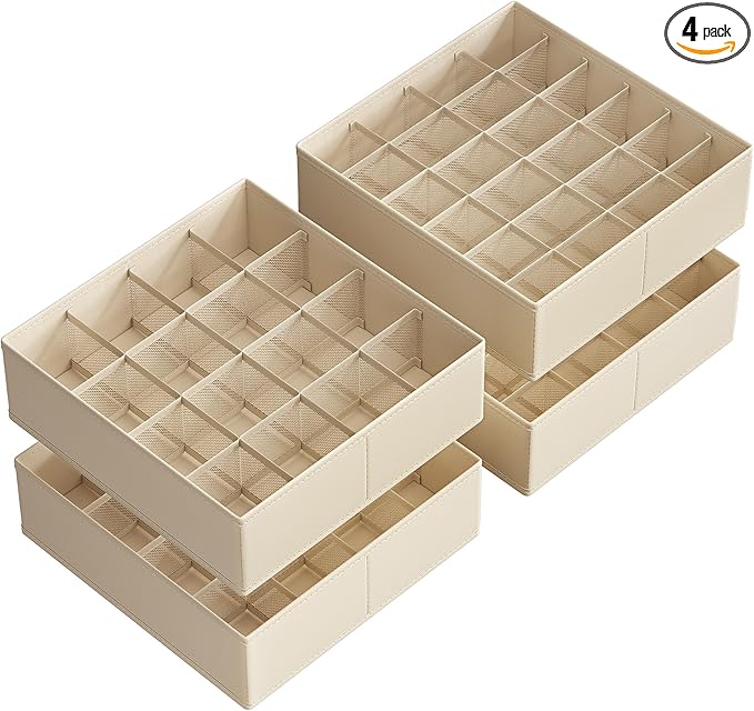 SONGMICS Set of 4 Drawer Organizers, Closet Organizers for Underwear, 80 Cells, Foldable Sock Holders, 11.8 x 11.8 x 3.9 Inches, for Storing Socks, Ties, Belts, Sand Beige URUS011K01