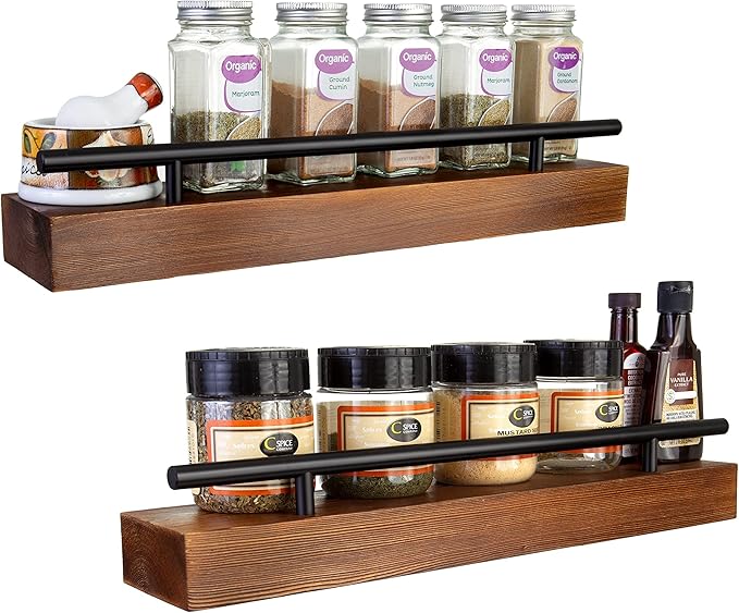 Floating Shelf Spice Rack - Multipurpose Pantry, Kitchen & Bathroom Wall Mounted Organizer for Spices, Essential Oils - Rustic Wood Hanging Shelving for Home - Solid Pine