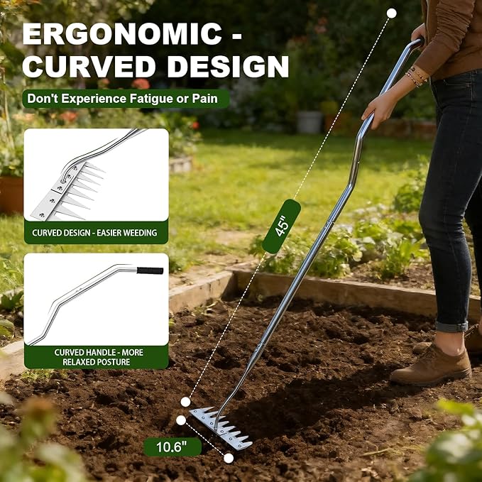 Weeding Rake w 45’’ Ergonomic Curved Handle, 2026 Upgraded 8 Teeth Stainless Steel Weed Puller Tool w Weeding Blade, Cultivator Rake Gardening Tools for Yard, Flower Beds & Loosening Soil