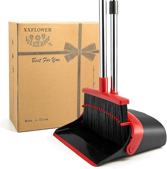 Broom and Dustpan Set for Home, Broom with Dustpan Cleaning Teeth Combo Set, Indoor Sweep Broom with Long Handle for Office Home Kitchen Lobby Floor (Black Red)