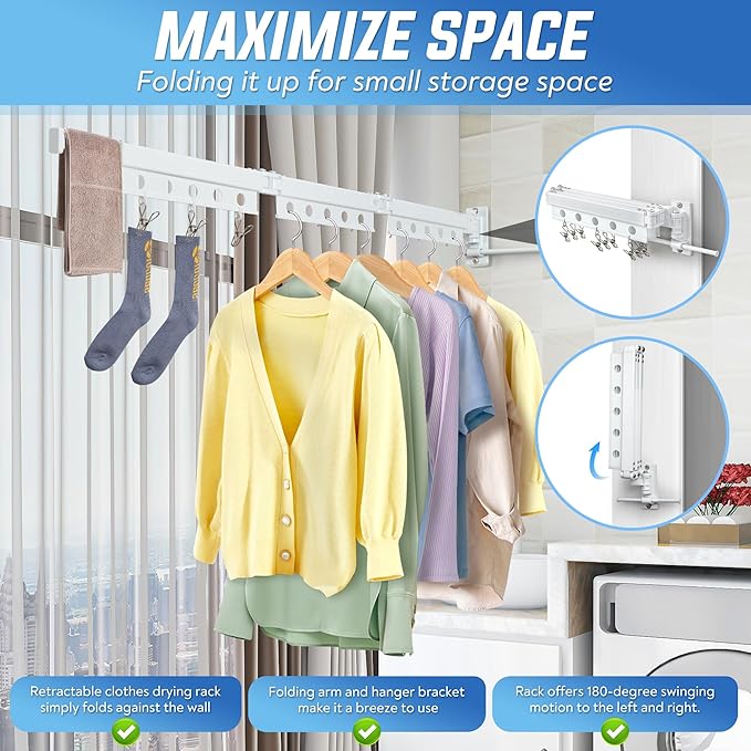 Clothes Drying Rack Wall Mounted, Retractable Space-Saving Aluminum Foldable Laundry Drying Rack for Indoor & Outdoor Use - Laundry Rooms, Bathroom & Balconies,Includes 10 Clothespins(White)