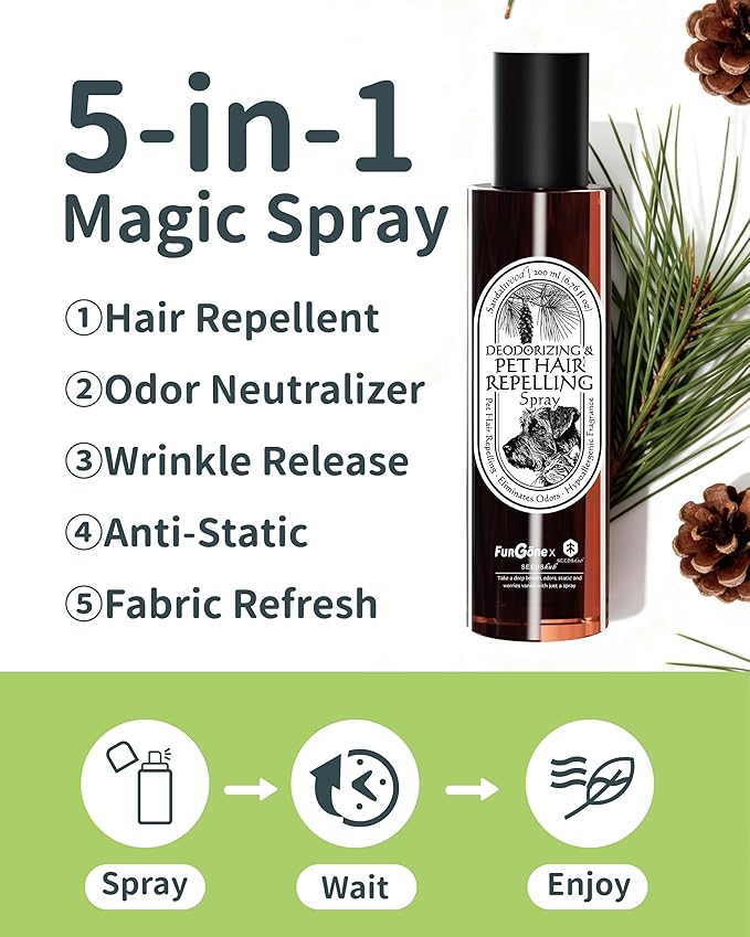 FurGone by Seedshub Pet Hair Repelling Spray, Odor Neutralizer | Anti-Static Wrinkle Release Pet-Friendly Botanical Sprays for Clothing and More, Pine Nut Scent, Up to 2800 Sprays, 6.76oz (2 Pack)