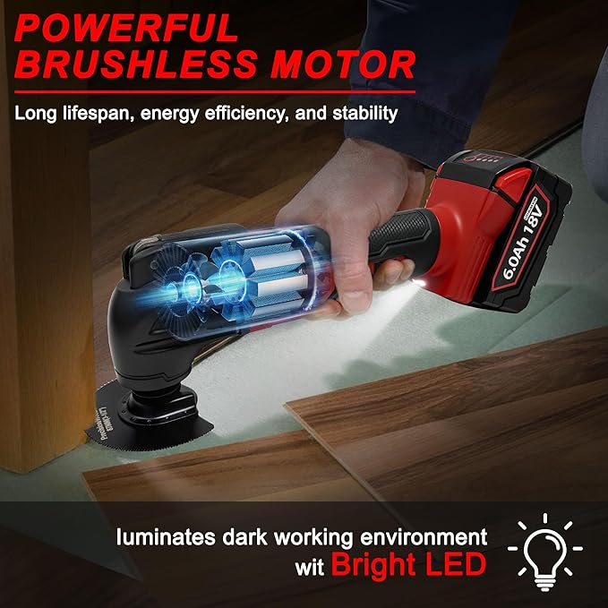 Cordless Oscillating Multitool Compatible with Milwaukee 18V Battery, Tool Only, 6 Speeds 8,500-21,000 RPM, Bulit-in LED Light, 22 Accessories, Oscillating Power Tool for Scraping Cutting Sanding