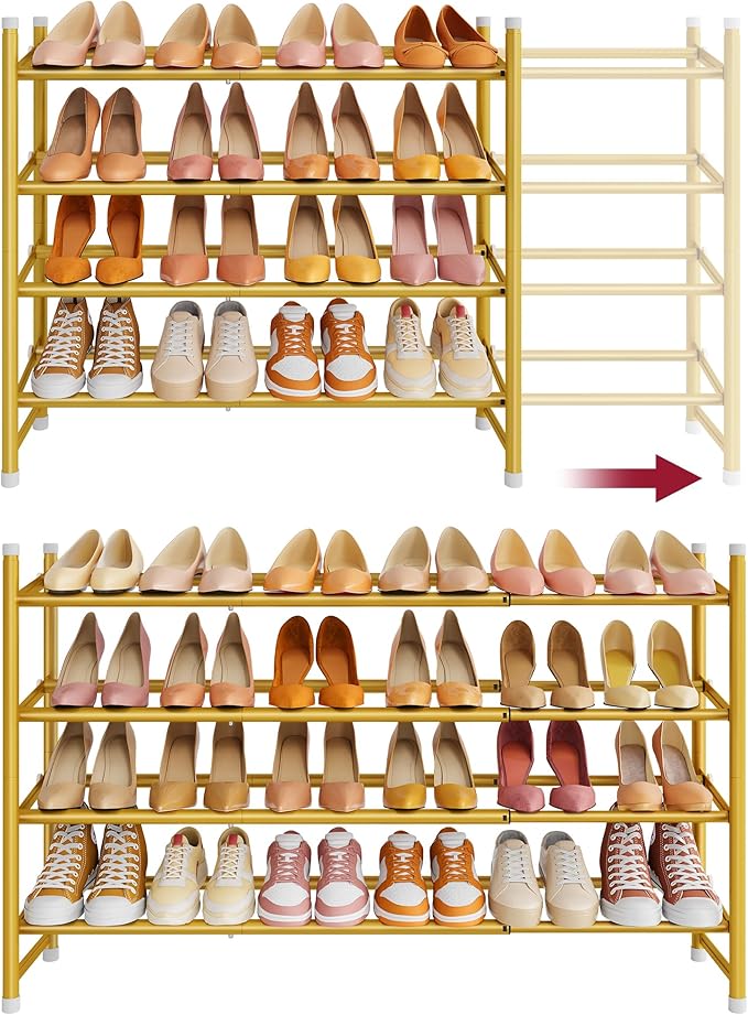 Tajsoon Expandable Shoe Rack for Closet 4 Tier, 29“-41“Adjustable & Stackable Shoe Shelf Storage, Metal Shoe Rack Organizer for Front Door Entrance, Closet, Garage, Entryway, Gold