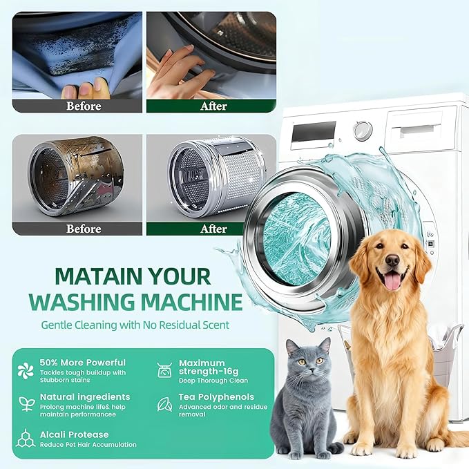 SOPAMI Washing Machine Cleaner Tablets 12 Pack, Deep Clean HE Front Load Top Load Washer, Remove Stubborn Pet Hair Odors, Septic Safe Pet Owner Solution washing machine tablets